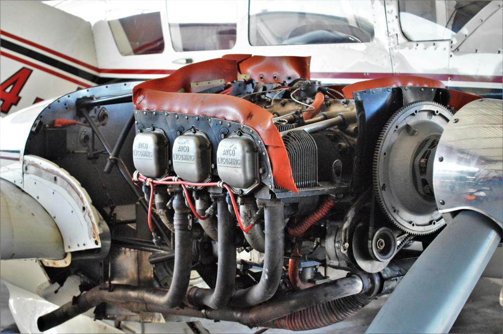 Detailed view of an aircraft engine showcasing intricate machinery and components. Cessna 172 lycoming io360 engine. single engine general aviation aircraft engine. aircraft maintenance
